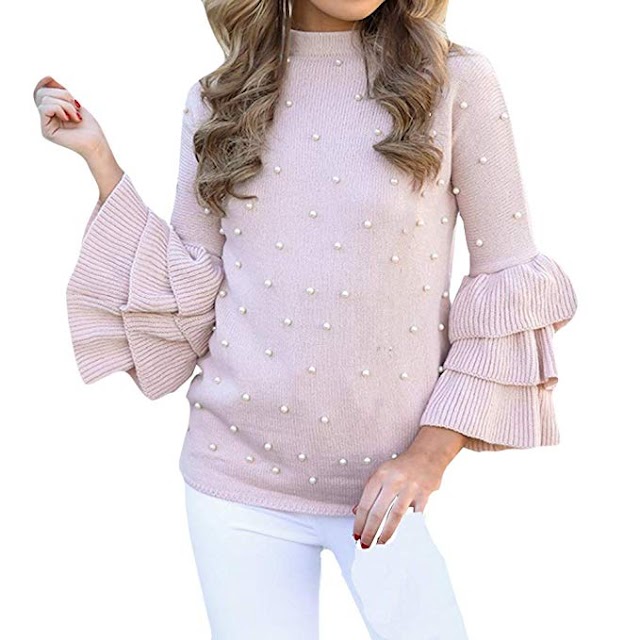 Pearl Beading Tiered Ruffle Sleeve Jumper