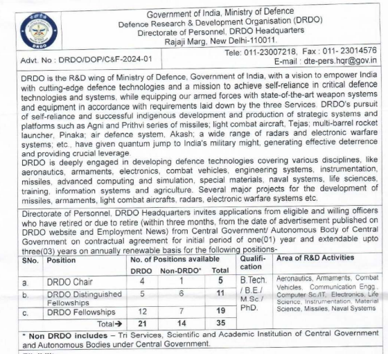 Defence Research & Development Organization (DRDO) Recruitment 2024 – Apply for 35 Fellowship Posts   Defence Research & Development Organization (DRDO) has announced notification for the recruitment of Fellowship Vacancy. Those Candidates who are interested in the vacancy details & completed all eligibility criteria can read the Notification & Apply.  Defence Research & Development Organization (DRDO):  Important Dates: