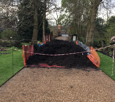 Pic of pile of mulch on main pathway at Chelsea Physic Garden