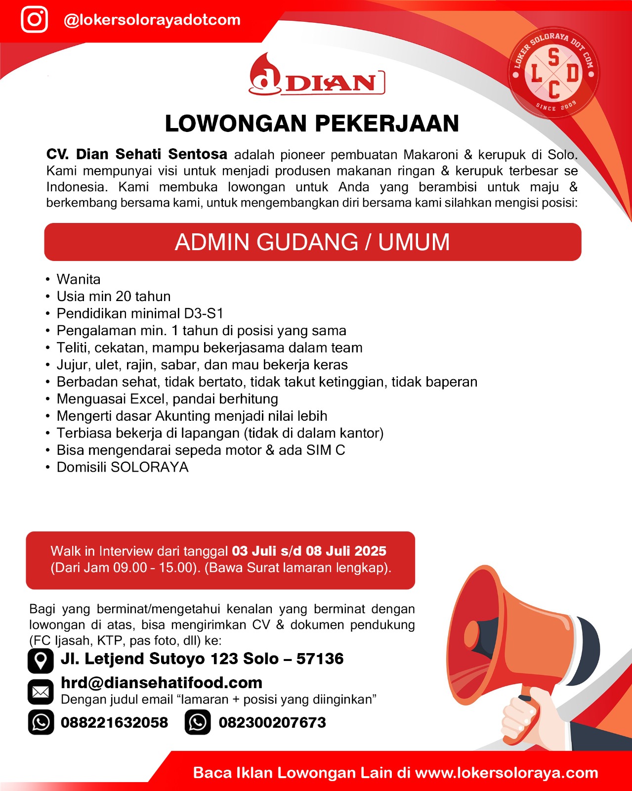 Loker Solo Lulusan D3 dan S1 di CV Dian Sehati Sentosa