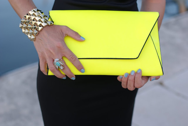 Zara neon yellow clutch, Chanel Coco blue nail polish, Juicy Couture ring, Fashion and Cookies