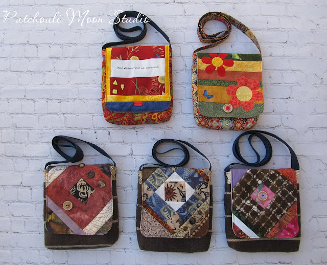 5 pieced purses and one with applique flowers.