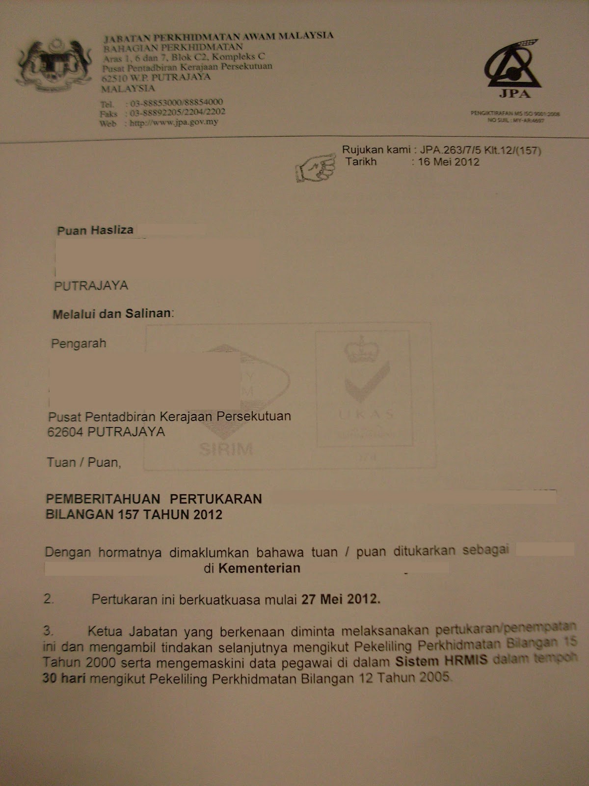 Contoh Surat Pertukaran Tempat Kerja Kerana Masalah Anak