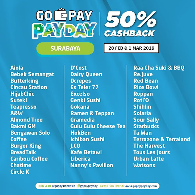 #GOPAY - #Promo Cashback 50% PAYDAY di 14 Kota Besar (s.d 01 Maret 2019)