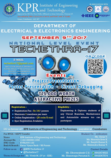 TECHETHRA-17: A National Level Event at KPR Institute, Coimbatore on Sep 09, 2017