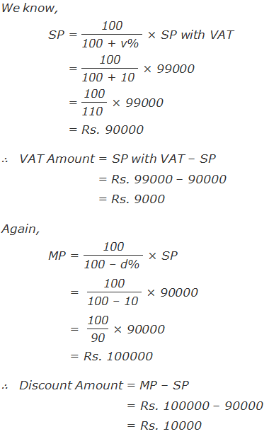 We know, SP = "100" /"100 + v% "  × SP with VAT 	    = "100" /"100 + 10 "  × 99000 	    = "100" /"110 "  × 99000 	    = Rs. 90000 ∴   VAT Amount = SP with VAT – SP  		= Rs. 99000 – 90000  		= Rs. 9000 Again, 	MP = "100" /"100 – d% "  × SP 	     =  "100" /"100 – 10 "  × 90000 	     =  "100" /"90"  × 90000 	     = Rs. 100000 ∴   Discount Amount = MP – SP  		       = Rs. 100000 – 90000 		       = Rs. 10000