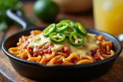 Cheesy Taco Spaghetti with melty cheese and fresh toppings