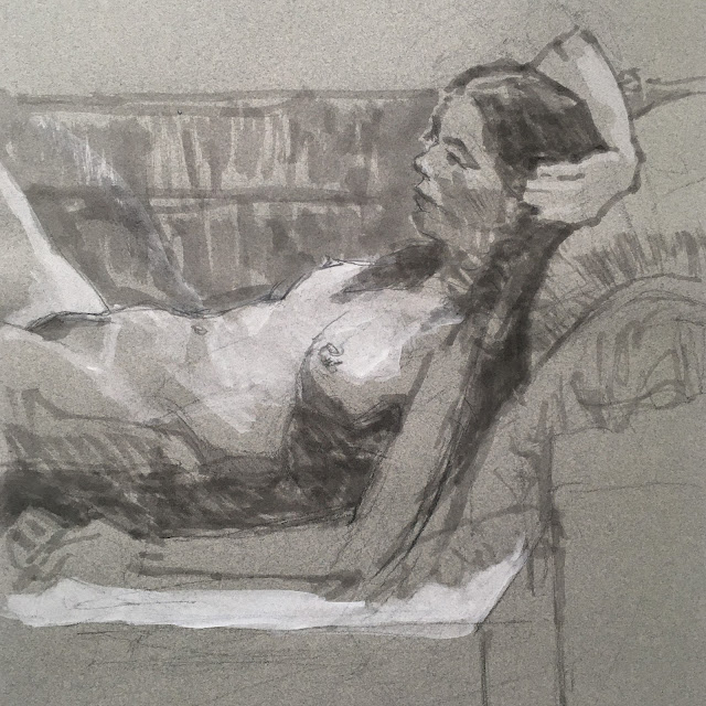 Pencil and gouache drawing of nude woman, reclining