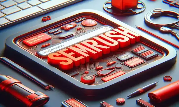 a computer motherboard, with the word “SEMRUSH” prominently featured in the center. The background simulates a red circuit board with lines and dots representing connections and pathways.