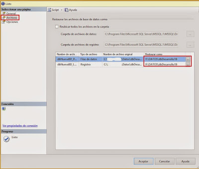 pestaña archivos para restaurar una base de datos en SQL Server