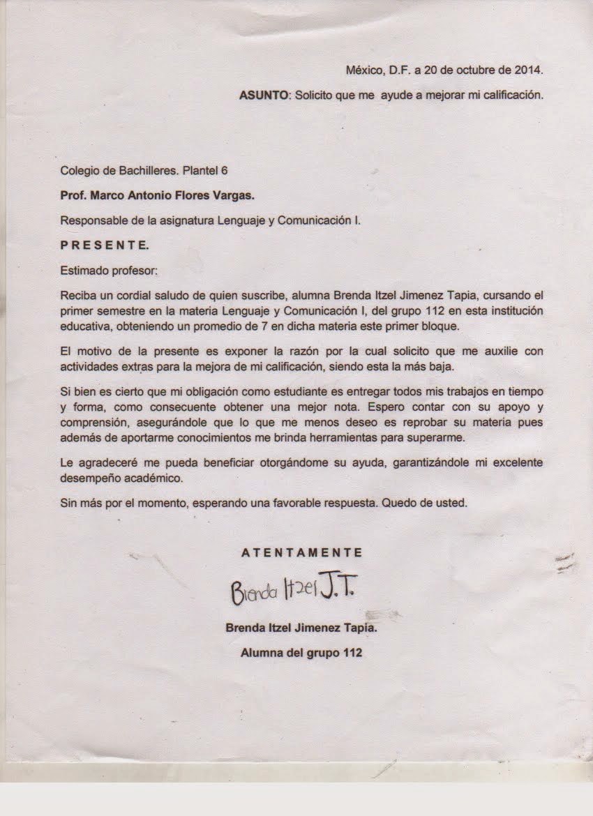 Lenguaje y Comunicacion I: Carta de exposición de motivos.