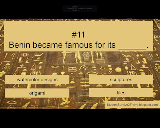 Benin became famous for its ______. Answer choices include: watercolor designs, sculptures, origami, tiles