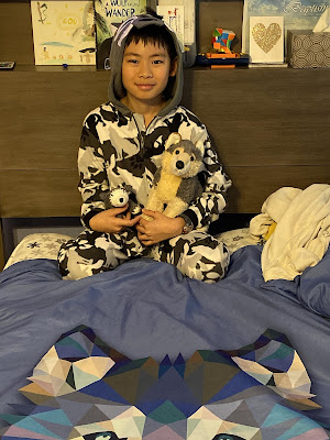 Boy in his wolf-themed bed wearing wolf design pajamas