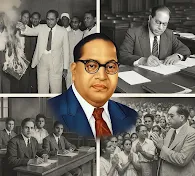 Collage of Dr. B.R. Ambedkar showcasing key moments from his life, including burning the Manusmriti, drafting the Indian Constitution, speaking to Dalit followers, and his early education abroad.