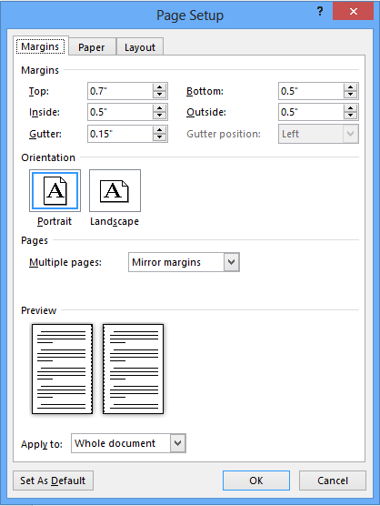 screenshot of the margins tab setup