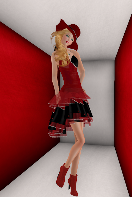 Red and Black dress with red broad brimmed hat