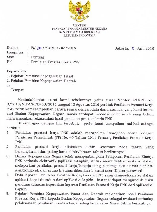 Kementerian Pendayagunaan Negara dan Reformasi Birokrasi telah menerbitkan Surat Edaran Me SURAT EDARAN MENPAN RB TAHUN 2018  TENTANG: PENILAIAN PRESTASI KERJA PNS