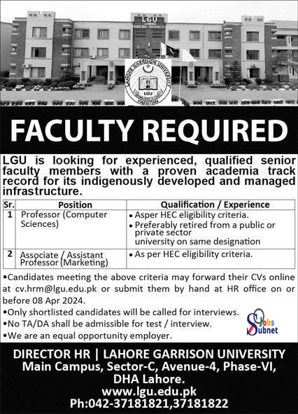 Lahore Garrison University LGU Professors Jobs 2024