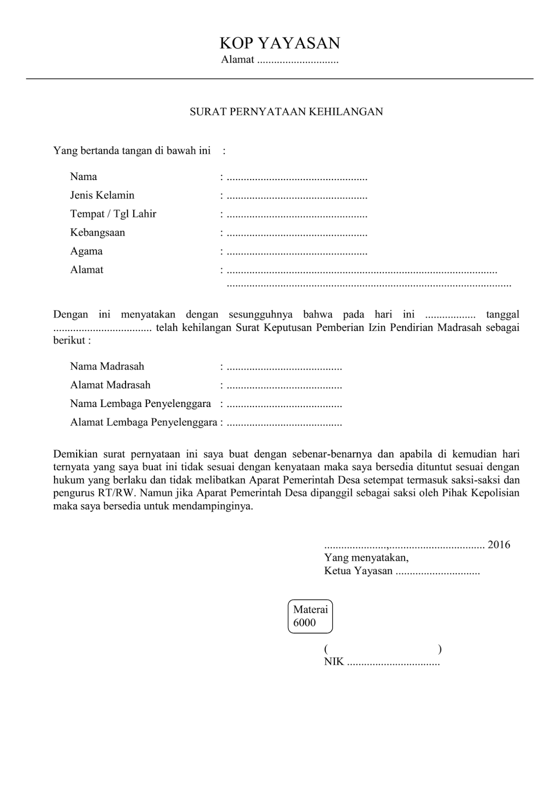 Format Surat Permohonan Penerbitan Surat Keterangan Hilang 