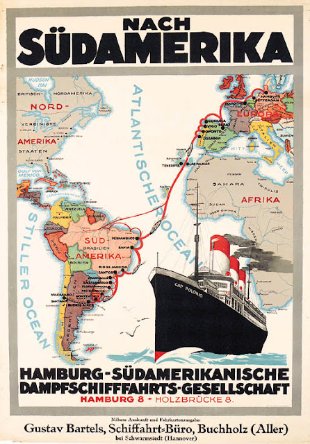 Travelposter of HAMBURG-SÜD depicting the South-Atlantic route and CAP POLONIO