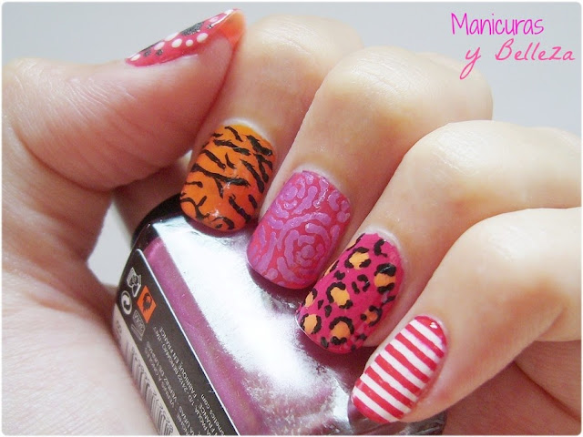 Nail art de diseños mix concurso Nataliciosa Nails Manicura animal print leopard tiger flowers roses sailor dots estampado animal leopardo tigre rosas flores rayas puntos rosa naranja rojo blanco negro multicolor