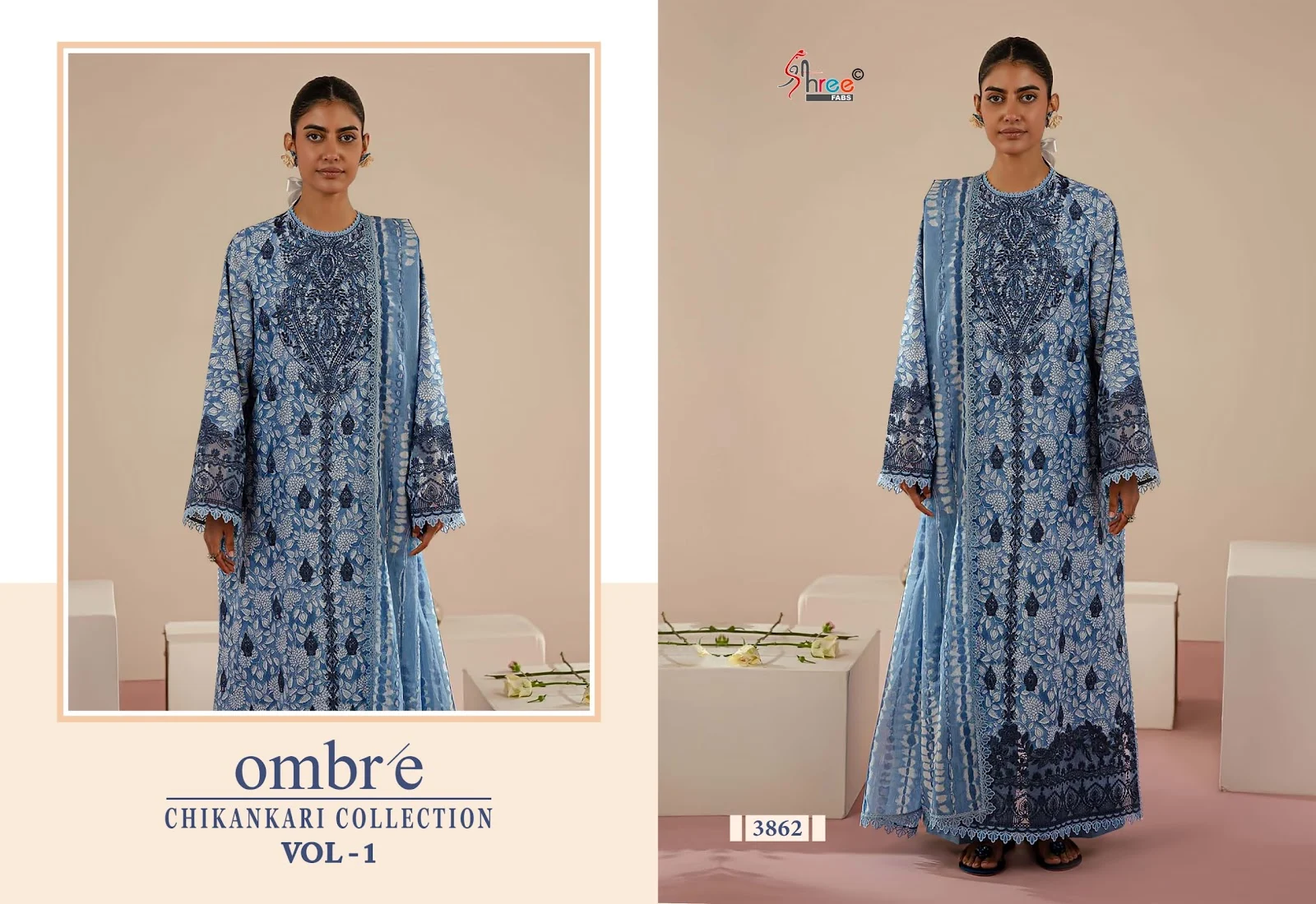 Ombre Vol 1 Chikankari Collection Shree Fabs Cotton Self Embroidery Pakistani Patch Work Suits