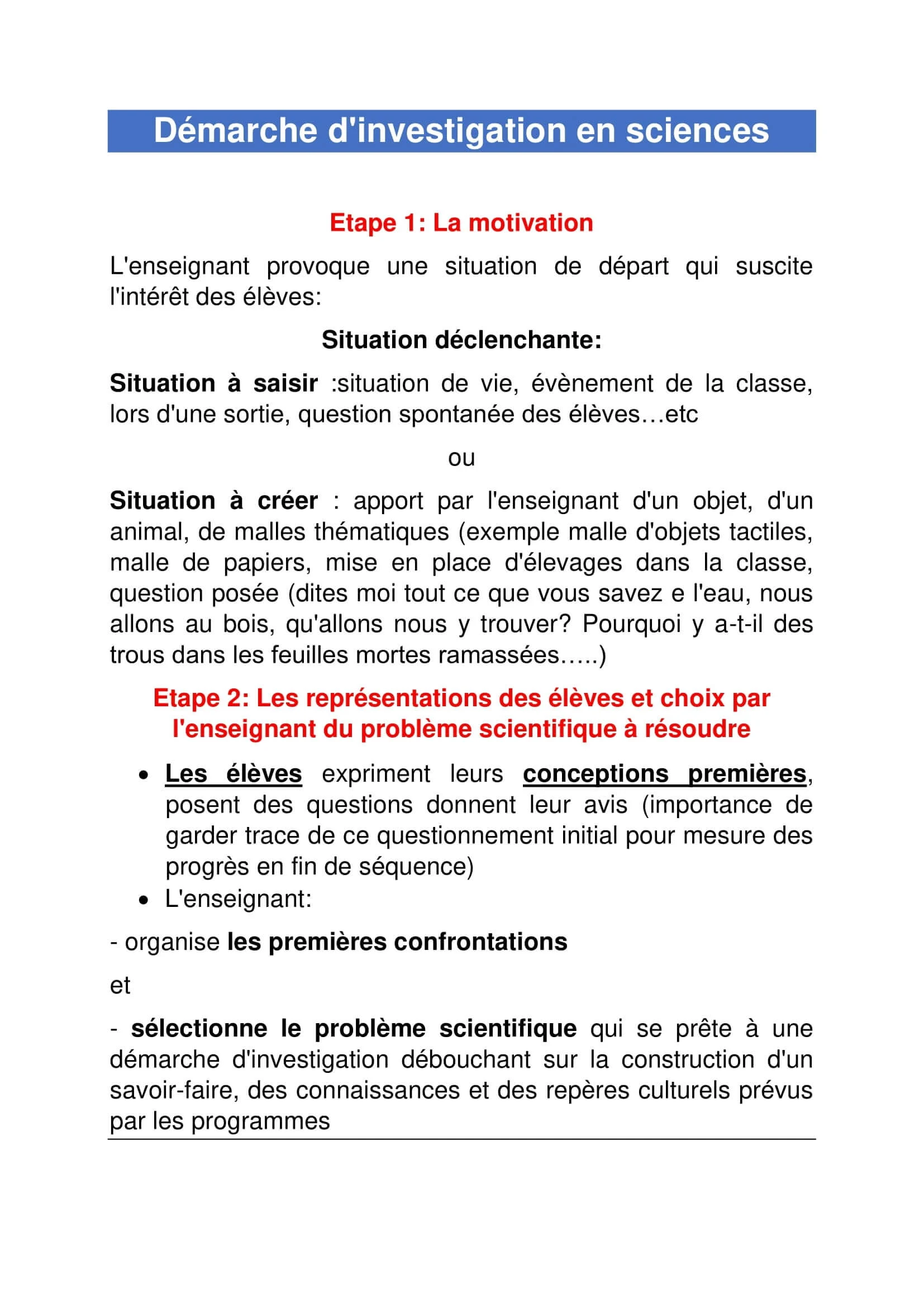 مراحل نهج التقصي النشاط العلمي باللغة الفرنسية