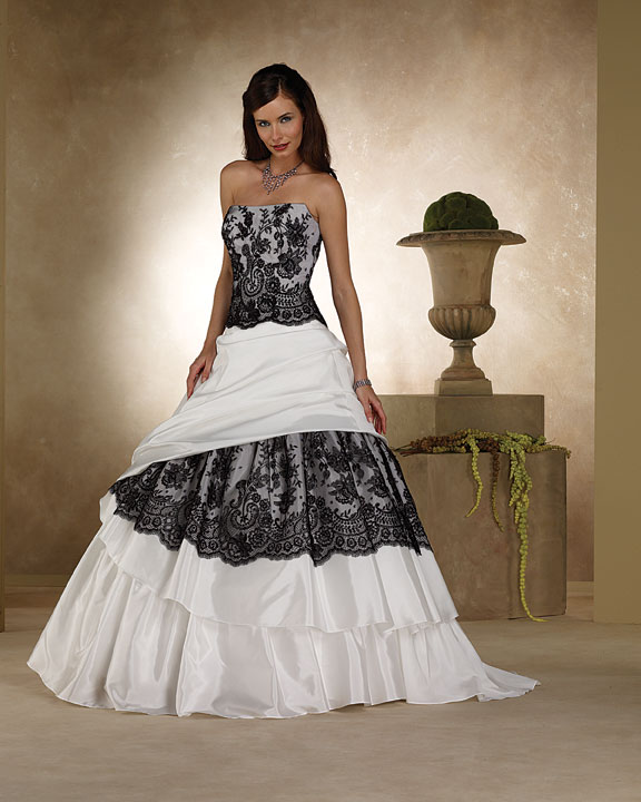 Black and White Lace Wedding Dress Strapless Aline gown with beaded lace 