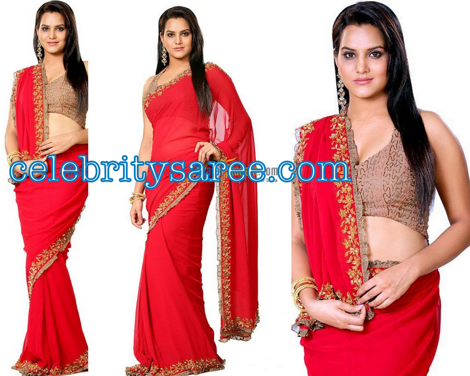 bollywood celebrity madhavy in red color georgette saree with gold ...