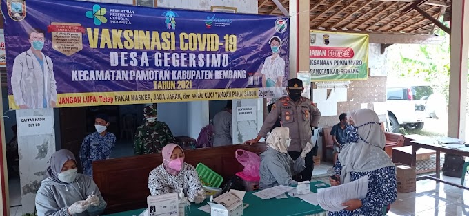 Polsek Pamotan Melakukan Pengawalan Kegiatan Vaksinasi  Tahap 1 dan 2  Di Balai Desa Gegersimo