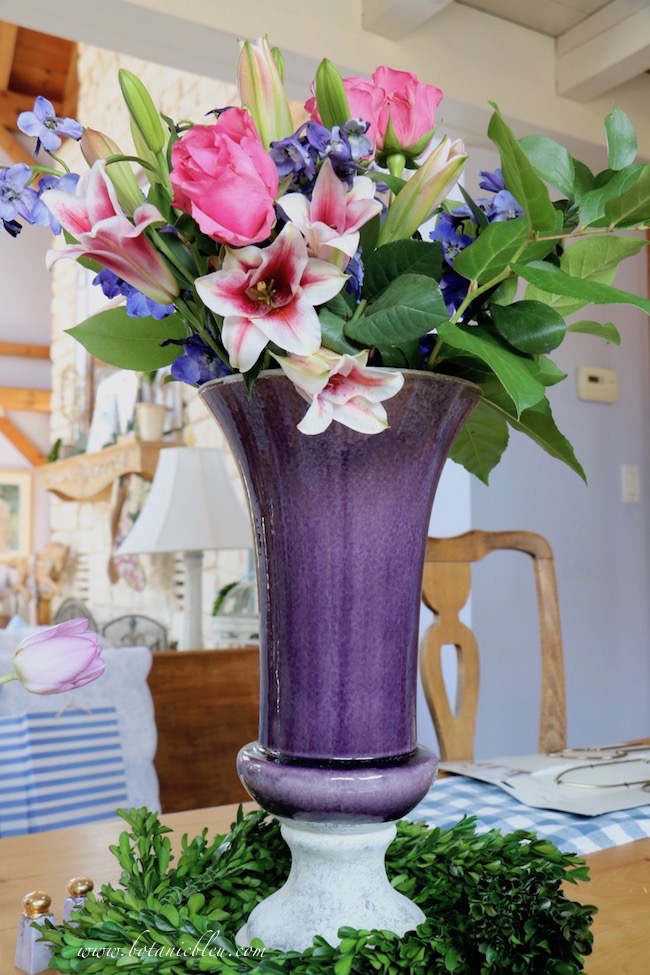 Birthday flowers in abundance made a stunning dining table centerpeice