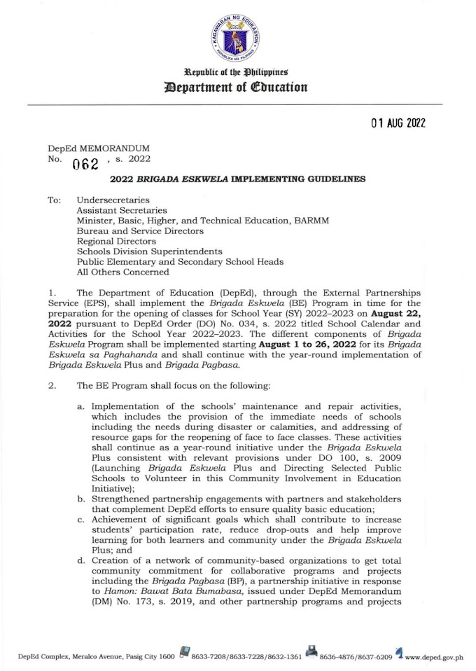 DepEd Memorandum No. 62, s. 2022 or the 2022 Brigada Eskwela Implementing Guidelines