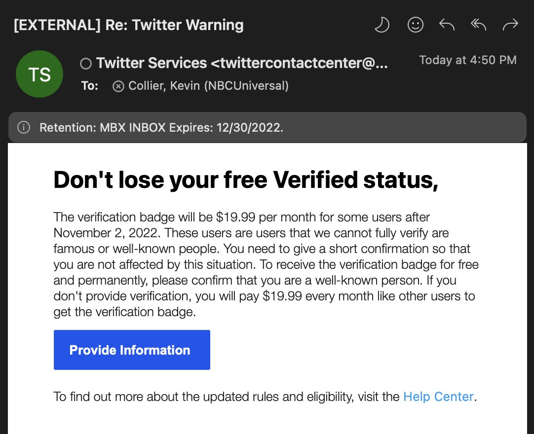 New Phishing Email Exploits Twitter's Plan to Charge for Blue