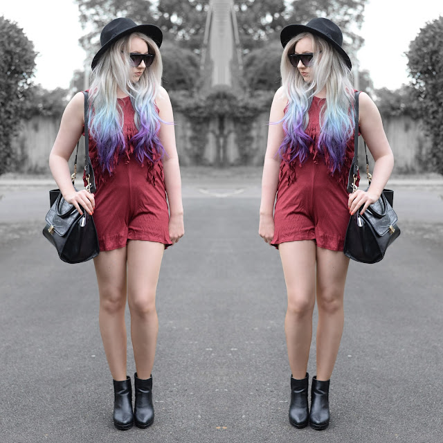 Sammi Jackson - Burgundy Fringes / Choies Faux Suede Fringed Playsuit