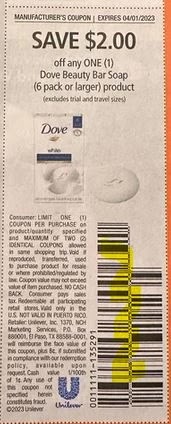 $2/1 Dove Bar Soap Coupon from "SAVE" insert week of 3/19/23.