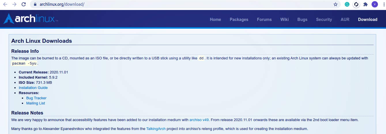 Arch linux download page