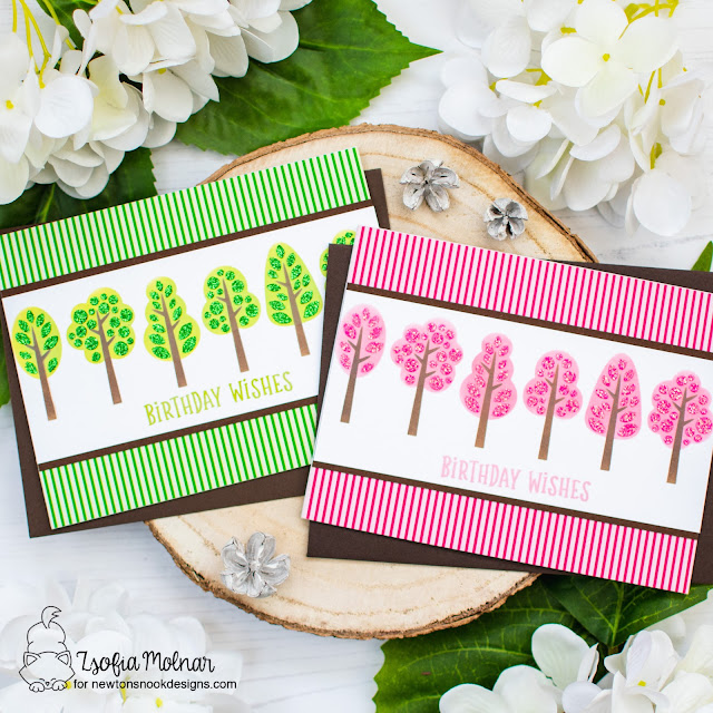 Row of Trees Birthday Cards by Zsofia Molnar | Tree Line Stencil and Springtime Paper Pad by Newton's Nook Designs #newtonsnook