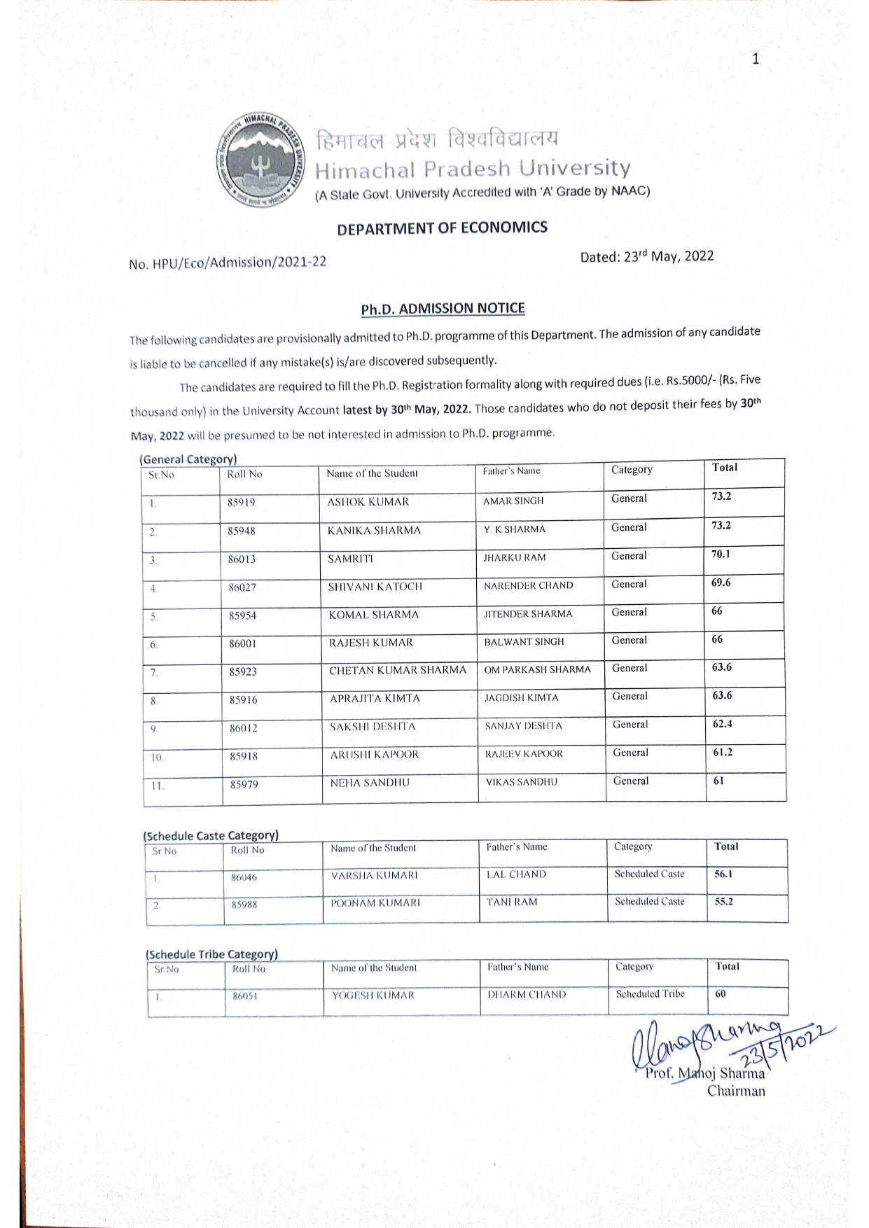 Admission Notice of Ph.D. Economics, Entrance Based for the Session 2021-22:- HPU Shimla