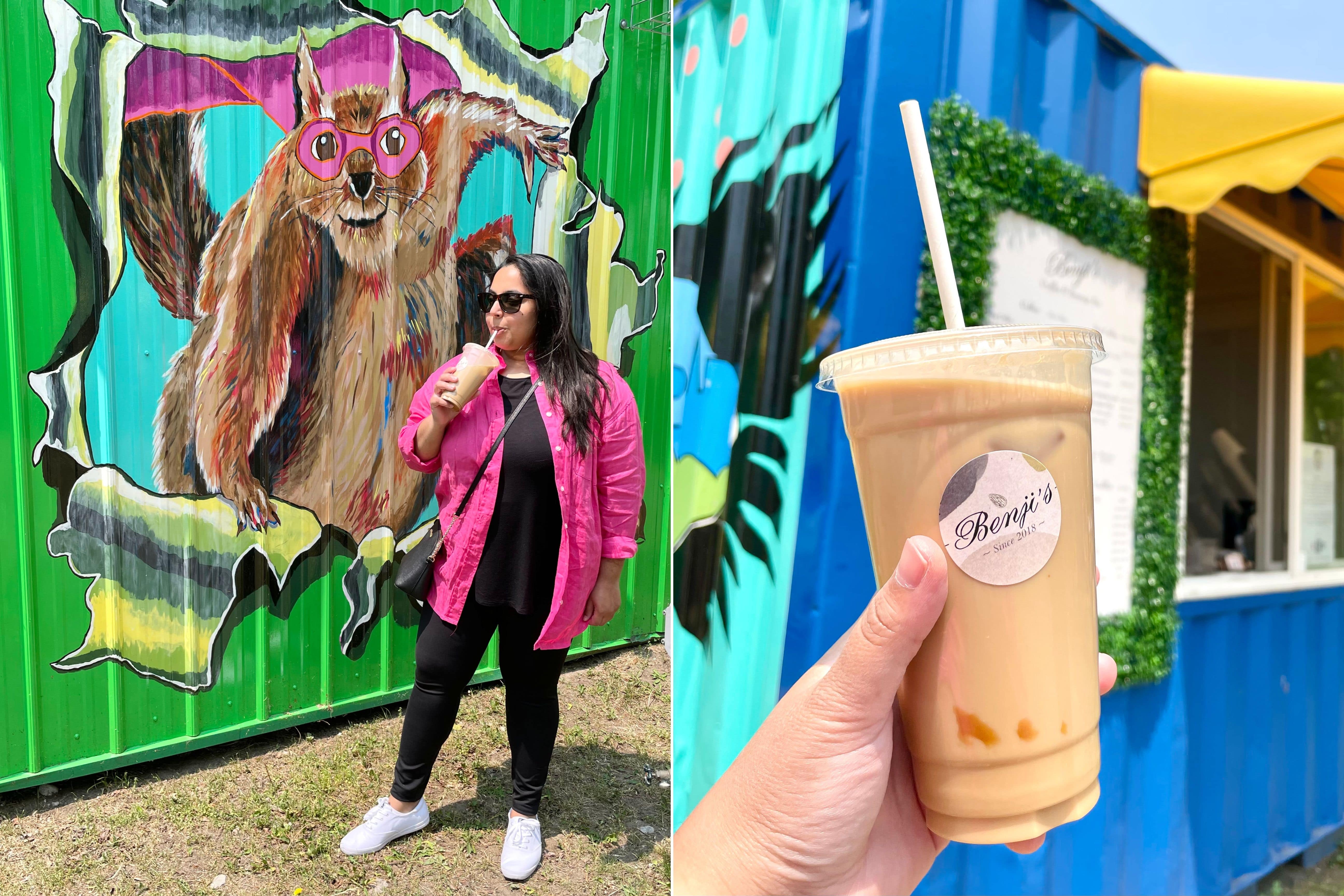 Young female wearing hot pink linen blouse with black pants and tank top sipping on iced coffee beverage.