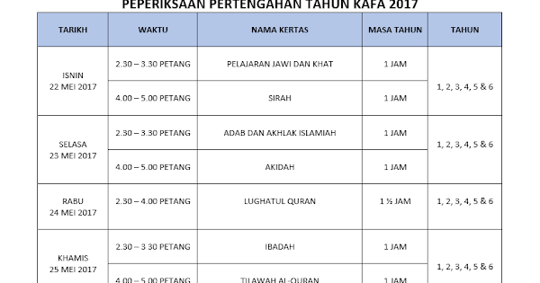 Jadual Peperiksaan Pertengahan Tahun KAFA 2017  Persatuan 