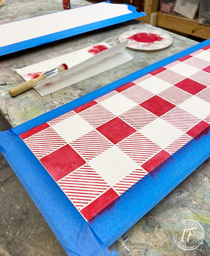 How to repurpose cabinet door panels into festive JOY Christmas Signs with stenciled buffalo check plaid for easy and cheap DIY Christmas decorations.