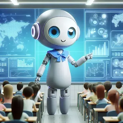 Dans une classe une IA Robot en train de former les étudiants