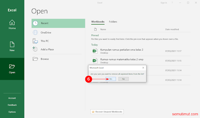 cara menghapus recent file di excel