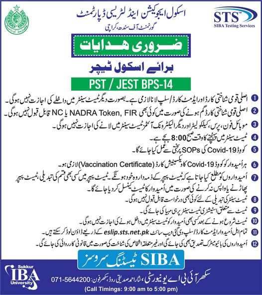 SOPs/Important Instructions for the candidates of JEST & PST @ School Education & Literacy Department, Government of Sindh. Further, the test dates will be announced soon.