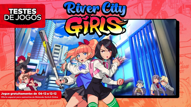 Tela de anúncio de River City Girls nos Testes de Jogos do Nintendo Switch Online. A arte do jogo mostra, em destaque, duas meninas em pose de ação, uma delas com um taco de baseball.