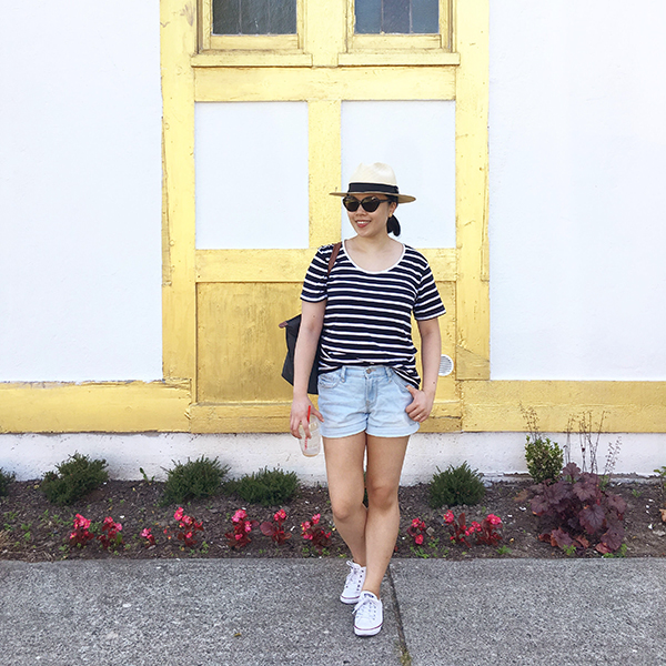 Summer #ootd with Breton stripes, Panama hat, cat-eye tortoiseshell shades, and denim shorts