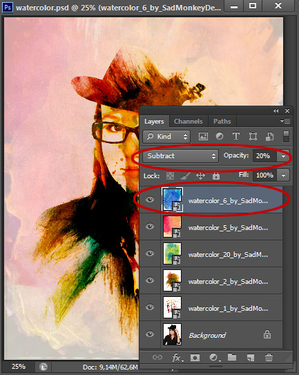Change the blend mode to subtract and set the opacity to 20%.