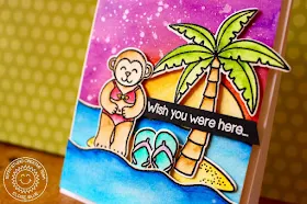 Sunny Studio Tropical Monkey Watercolor Card by Eloise Blue (using Island Getaway stamps and Wavy Border dies).