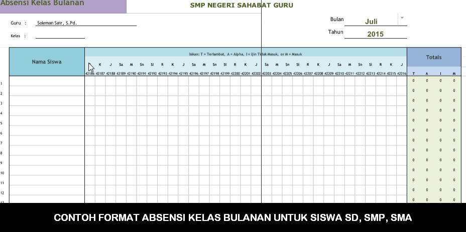 CONTOH FORMAT ABSENSI KELAS BULANAN UNTUK SISWA SD, SMP 