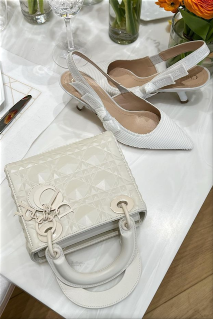 ♦White mini Lady Dior diamond cannage calfskin bag paired with white J'Adior slingback pumps #dior #shoes #bags #brilliantluxury